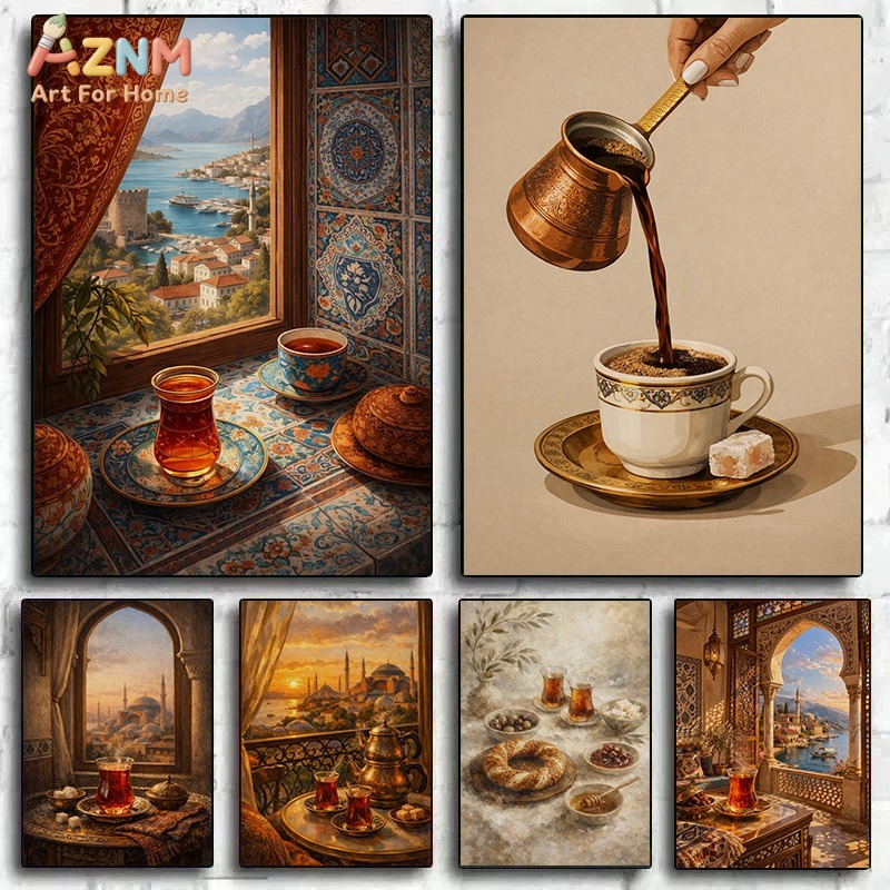 Coffee And Tea Lyrics - AZNM トルココーヒーと紅茶文化キャンバスウォールアートプリント イスタンブールの景色と伝統的な飲み物のポスター リビングルームキッチン用
