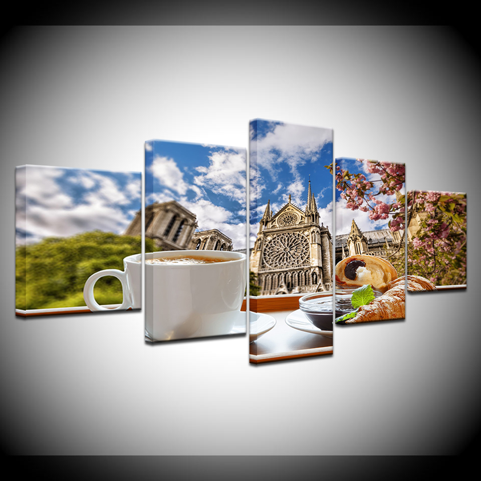 Wallpaper Coffee And Tea - ティータイムキャンバスペインティング、コーヒー、パンインペアシティ、ウォールアート、モジュラー壁紙、リビングルーム用ポスタープリント、家の装飾、5個