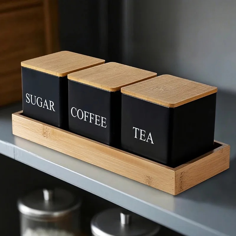 Coffee Tea Sugar Container Set - 3個入り、500ml、白と黒、蓋付きの金属製容器。コーヒー豆、砂糖、お茶の保存に。