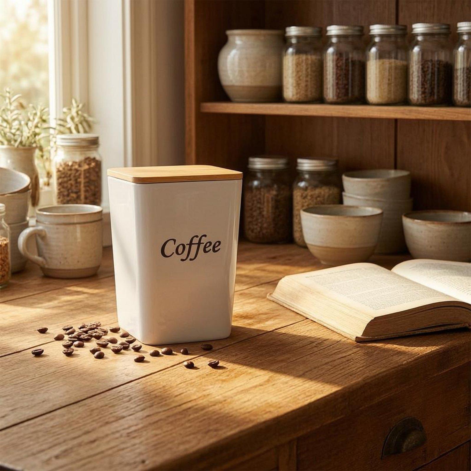 Coffee Tea Sugar Container Set - コーヒー、紅茶、砂糖などを保存するための、竹製の蓋が付いた金属製の収納容器セット。密閉性が高く、パントリーでの乾燥食品の整理に最適。
