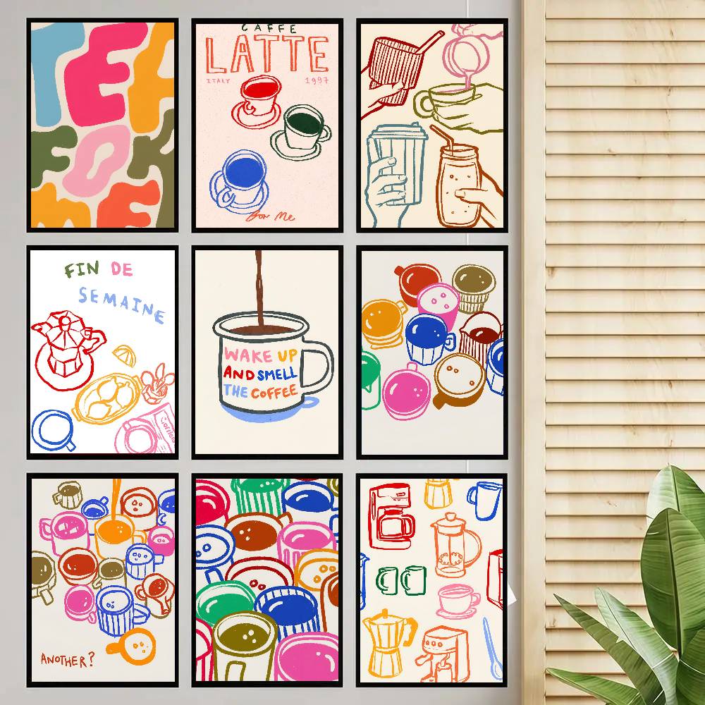 Wallpaper Coffee And Tea - 色の美学レトロキッチンコーヒーラテティーポスター自己粘着アートルームエントランスレストラン壁装飾アート絵画