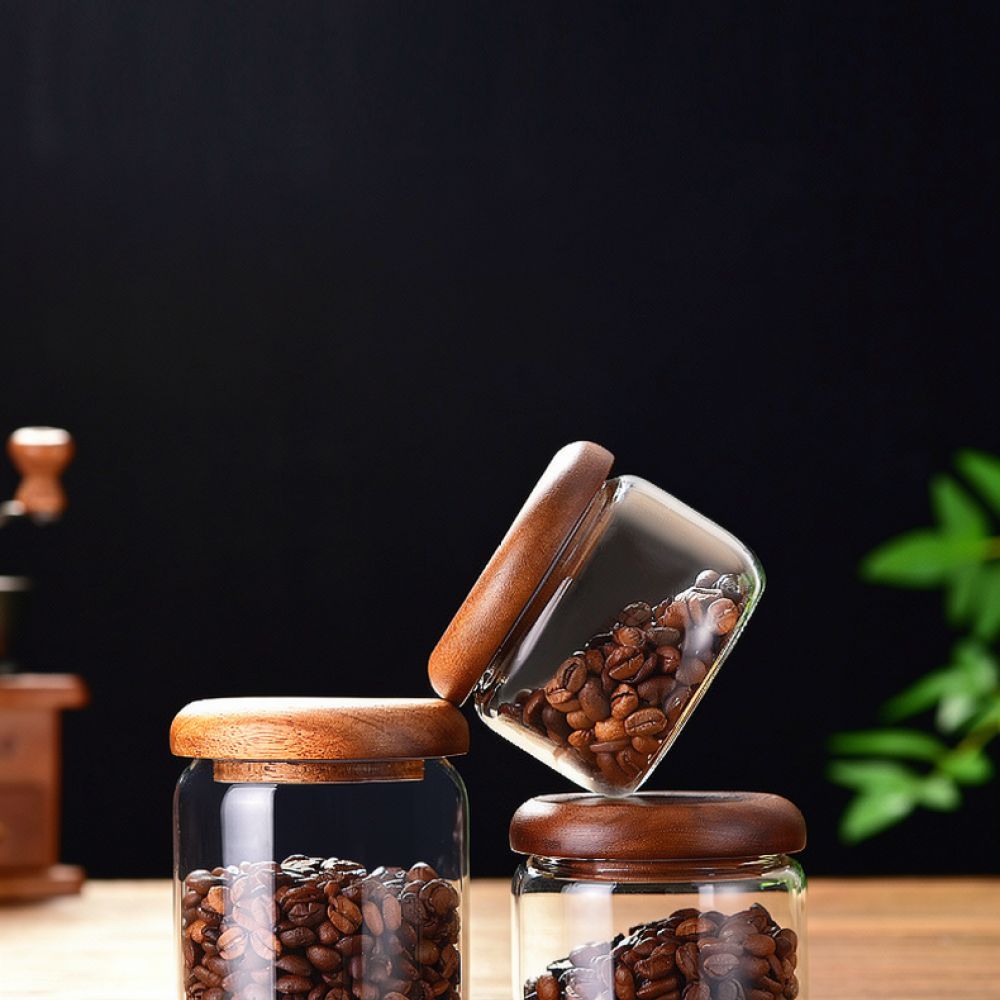 Coffee Tea Sugar Container Set - 装飾的なガラス瓶、アカシア材の蓋、ミニマルなデザイン、透明な容器。キッチン、食品庫、コーヒー豆、砂糖、お茶の保存に。