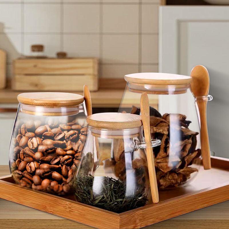 スプーンと蓋付きのガラスジャー、透明なスパイスジャー、小さな - Coffee Tea Sugar Container Set のレビューと価格
