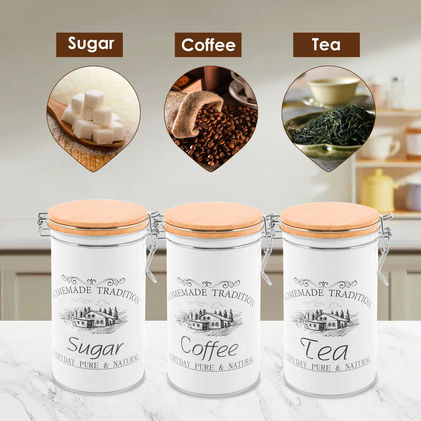 3個セット 茶葉・コーヒー・砂糖用キャニスター 金属製コーヒ - Coffee Tea Sugar Container Set のレビューと価格