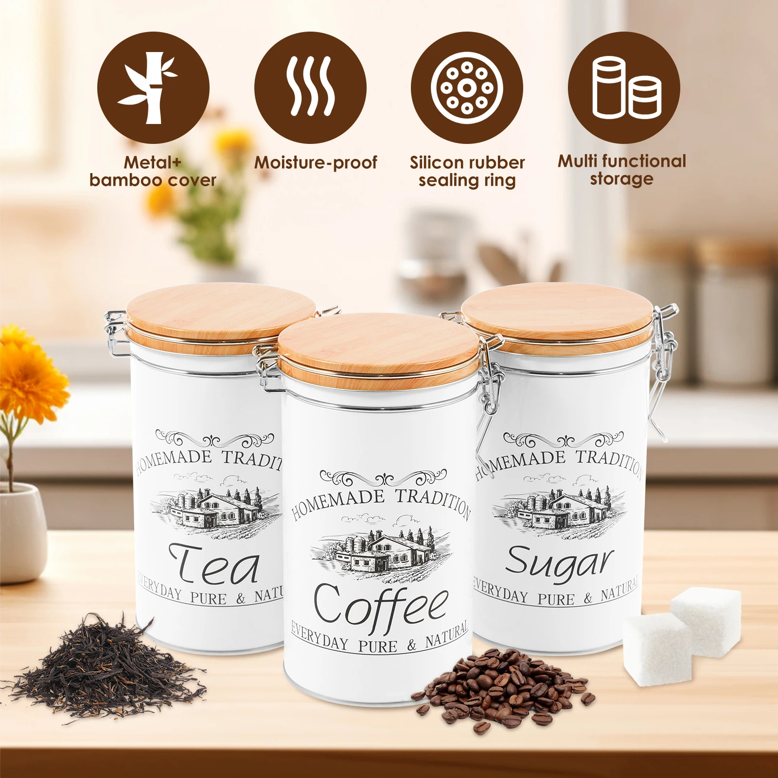 3個セット 茶葉・コーヒー・砂糖用キャニスター 金属製コーヒ - Coffee Tea Sugar Container Set のレビューと価格