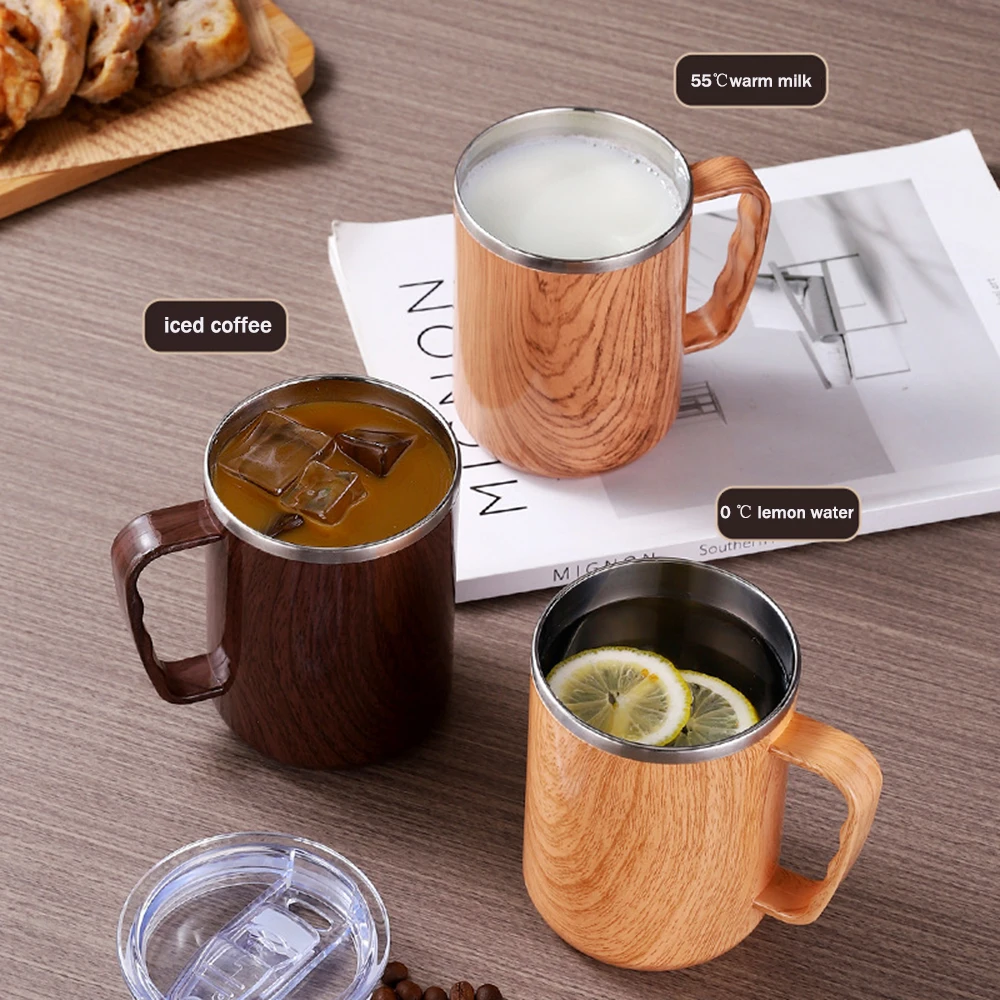ヴィンテージ木目調ステンレスマグカップ、二重断熱コーヒーマグ - Morning Tea Coffee のレビューと価格