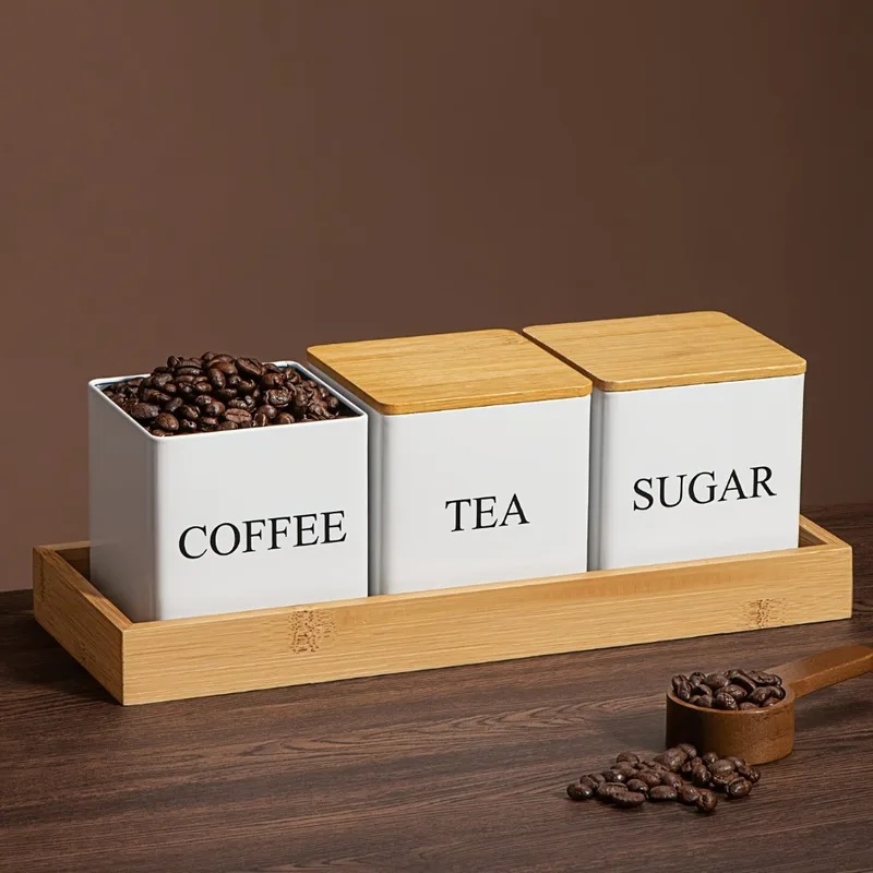 3個入り、500ml、白と黒、蓋付きの金属製容器。コーヒー豆 - Coffee Tea Sugar Container Set のレビューと価格