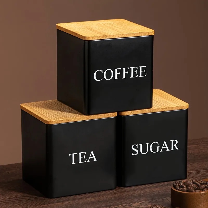 3個入り、500ml、白と黒、蓋付きの金属製容器。コーヒー豆 - Coffee Tea Sugar Container Set のレビューと価格