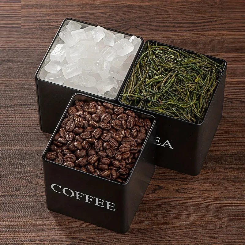 3個入り、500ml、白と黒、蓋付きの金属製容器。コーヒー豆 - Coffee Tea Sugar Container Set のレビューと価格