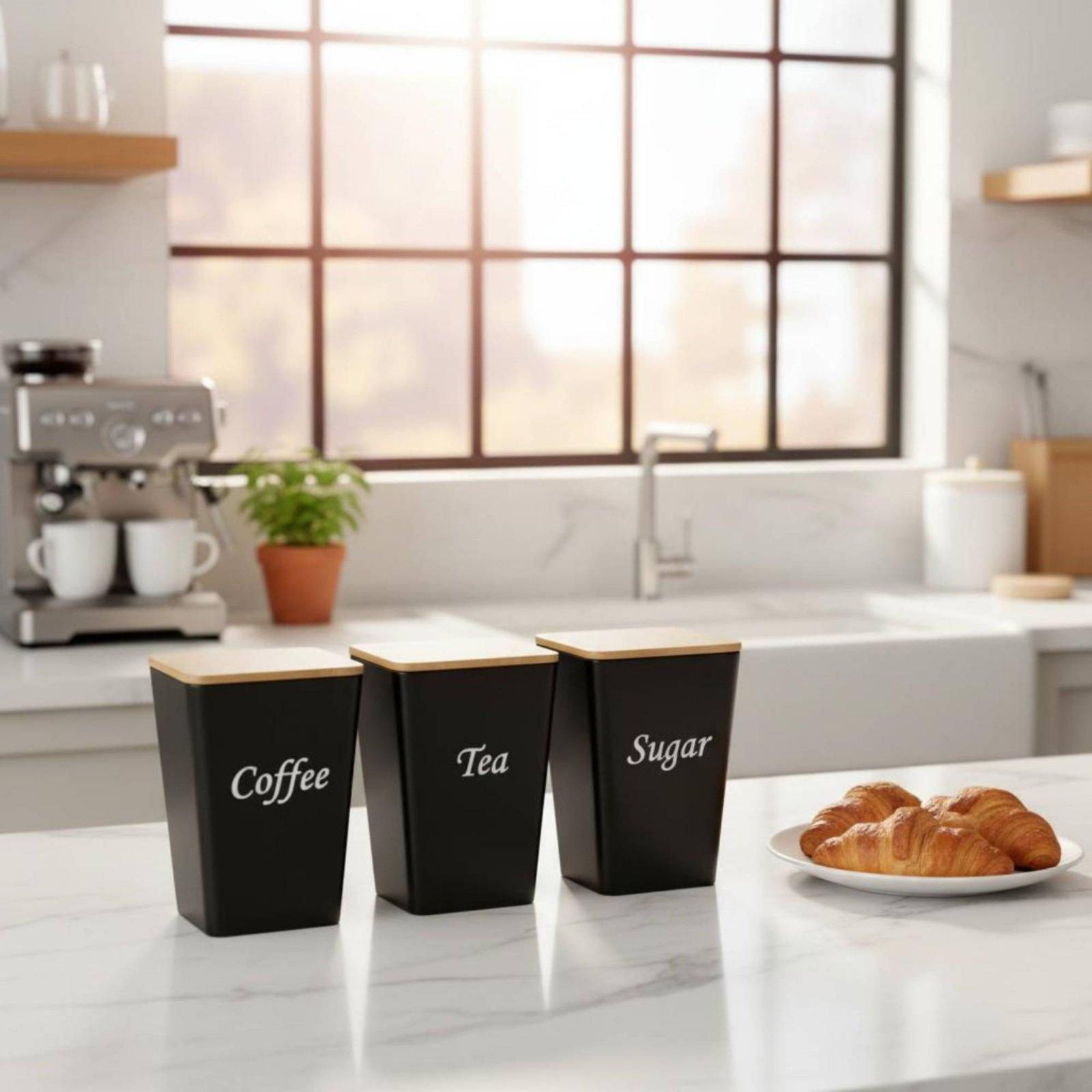 コーヒー、紅茶、砂糖などを保存するための、竹製の蓋が付いた金 - Coffee Tea Sugar Container Set のレビューと価格