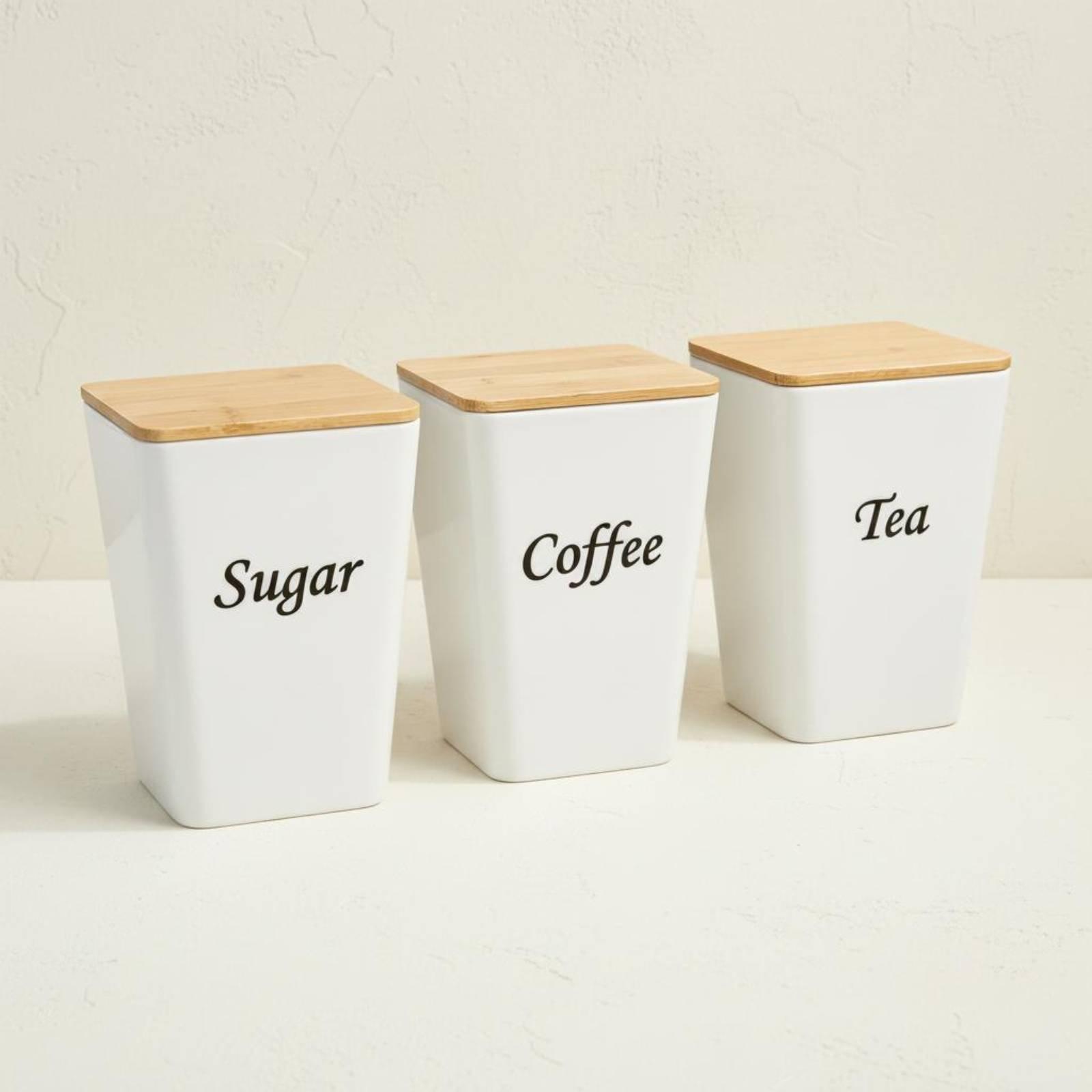 コーヒー、紅茶、砂糖などを保存するための、竹製の蓋が付いた金 - Coffee Tea Sugar Container Set のレビューと価格