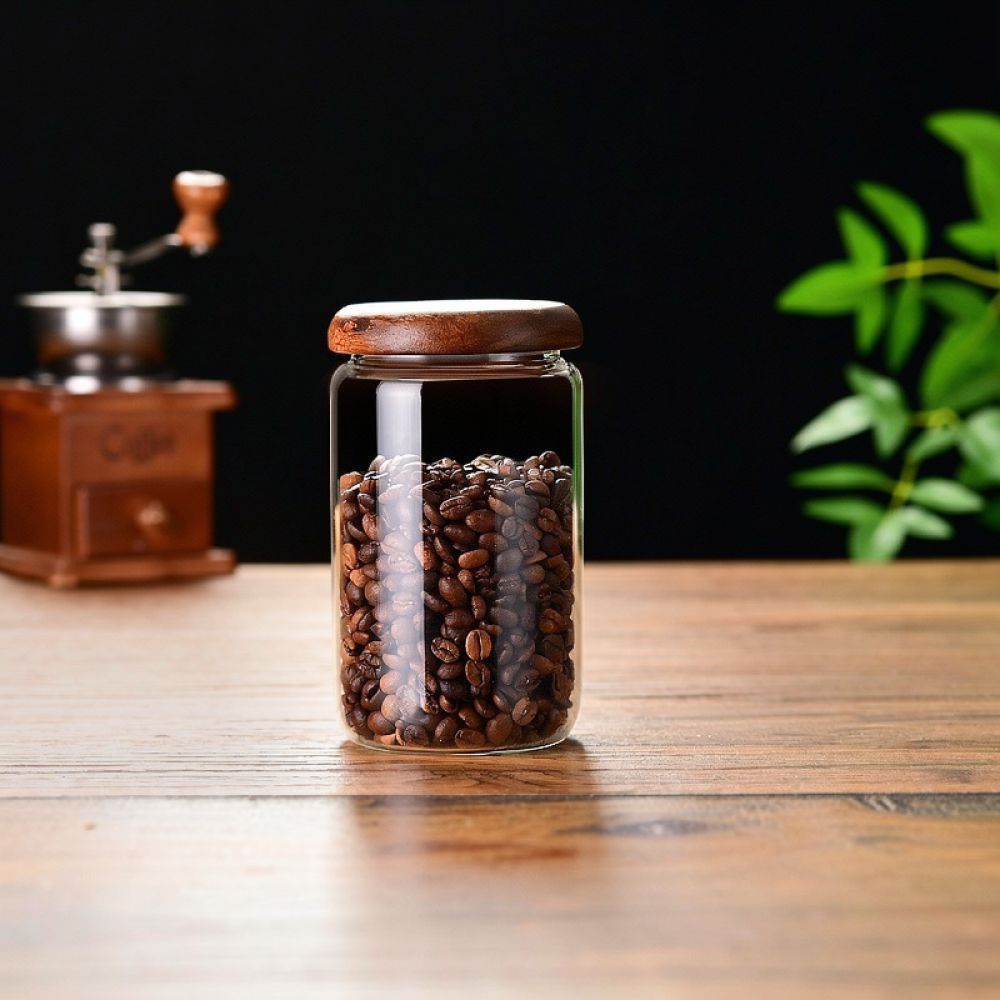 装飾的なガラス瓶、アカシア材の蓋、ミニマルなデザイン、透明な - Coffee Tea Sugar Container Set のレビューと価格
