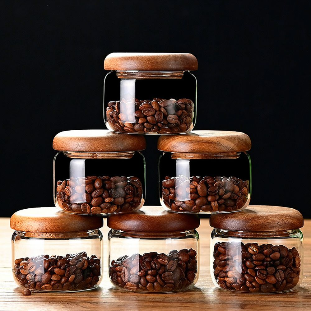 装飾的なガラス瓶、アカシア材の蓋、ミニマルなデザイン、透明な - Coffee Tea Sugar Container Set のレビューと価格