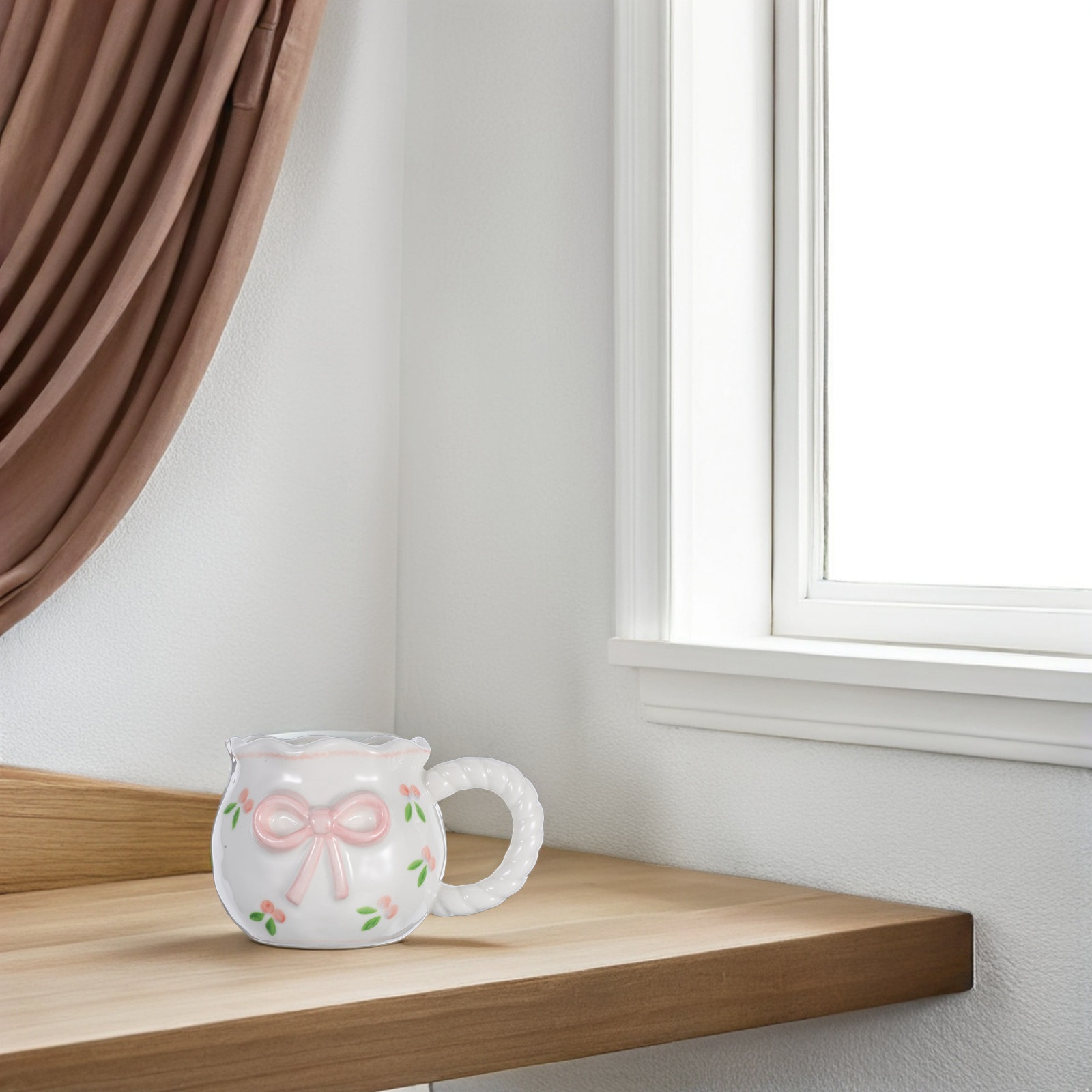 かわいいリボン結びのセラミック製コーヒーマグ。手作りで、3D - Morning Tea Coffee のレビューと価格
