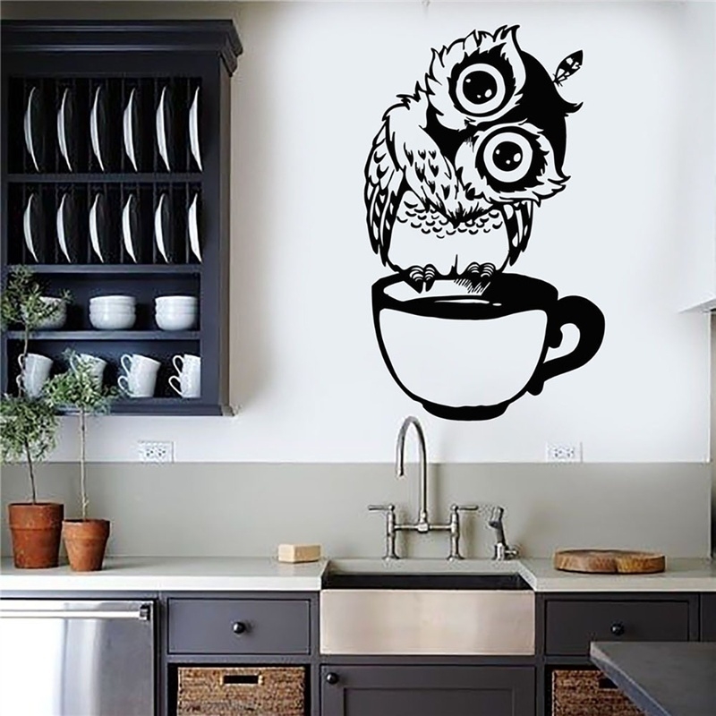 面白い漫画フクロウのティーコーヒーカップキッチンステッカー家 - Wallpaper Coffee And Tea のレビューと価格