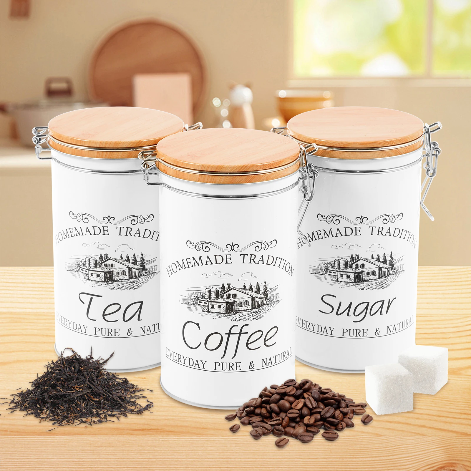 3 ピース/セット茶コーヒー砂糖キャニスター金属コーヒー豆保 - Coffee Tea Sugar Container Set のレビューと価格