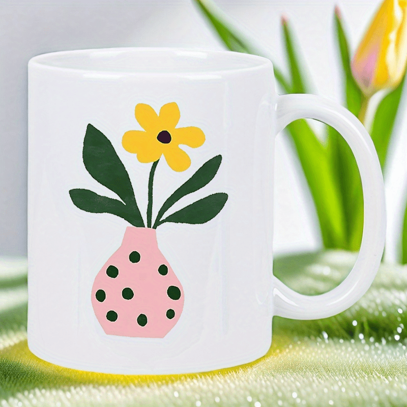 かわいいピンクの花瓶と黄色い花のデザインのセラミックマグカッ - Morning Tea Coffee のレビューと価格